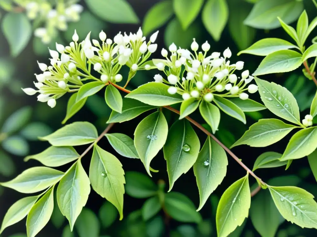 Acuarela detallada de planta de anís estrellado con flores blancas y hojas verdes, con gotas de rocío