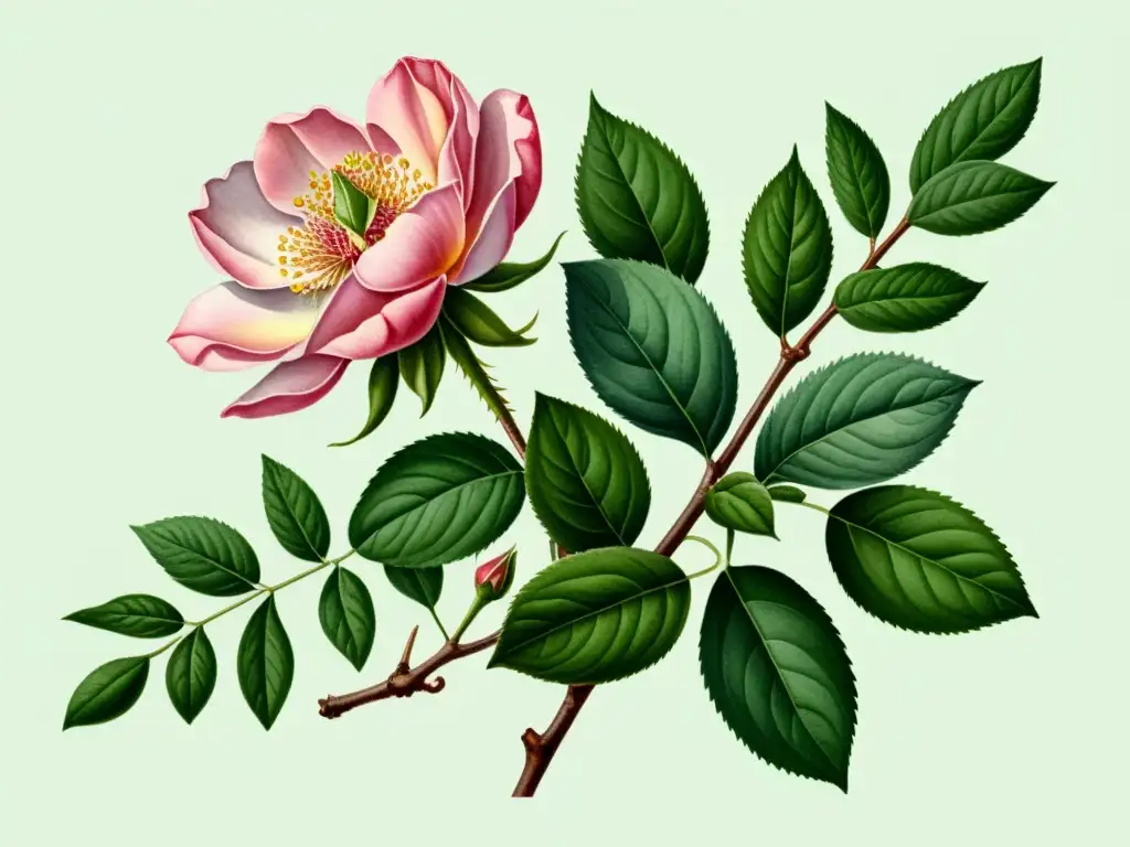 Una ilustración en acuarela detallada de una planta de rosa mosqueta en flor, resaltando su belleza natural