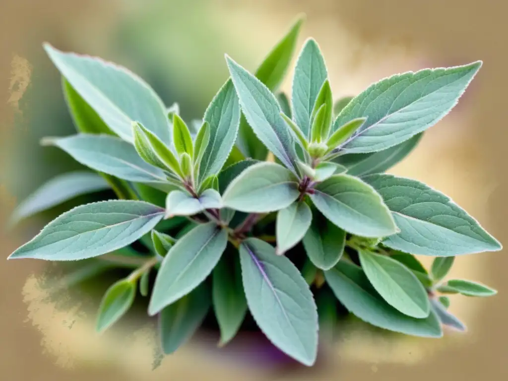 Una acuarela detallada de una planta de salvia con flores moradas y hojas texturizadas