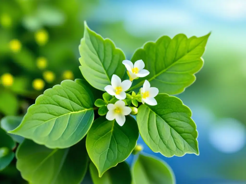 Acuarela detallada de la planta Bacopa Monnieri con flores blancas en un jardín acuático