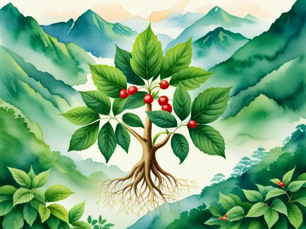 Acuarela detallada de planta de ginseng con hojas verdes vibrantes y una baya roja, fondo de montañas coreanas y niebla, mostrando su belleza natural y beneficios científicos para energía