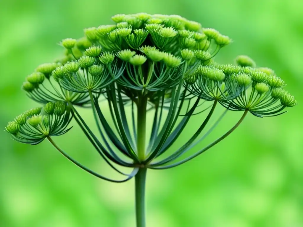 Acuarela detallada de planta de hinojo verde vibrante, evocando su elegancia natural y beneficios en dieta