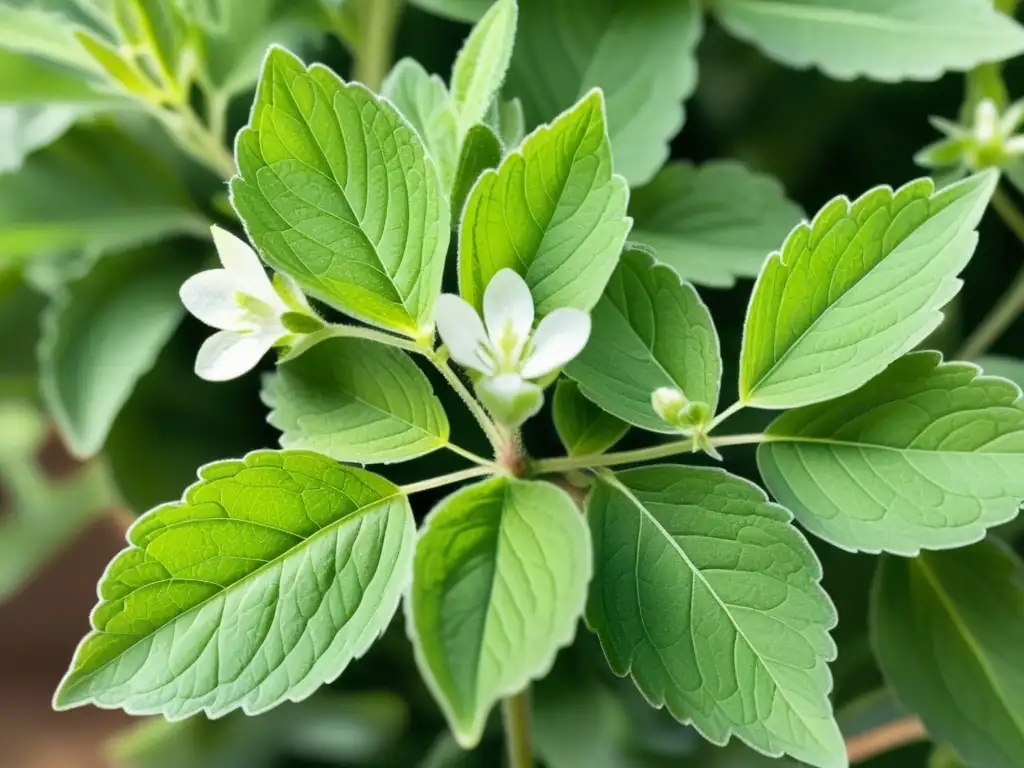 Acuarela detallada de planta de stevia con hojas verdes vibrantes y flores blancas delicadas, entre follaje exuberante