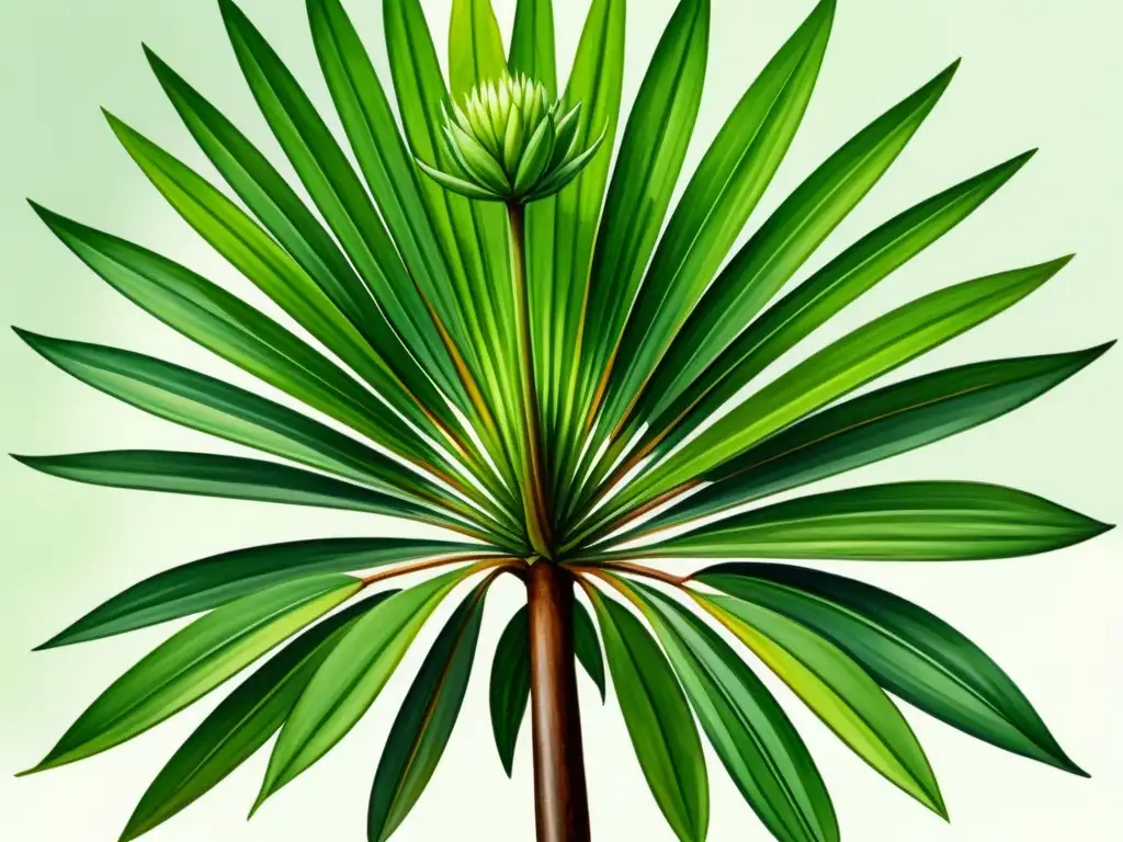 Acuarela detallada de una planta de saw palmetto, exudando tranquilidad y belleza natural