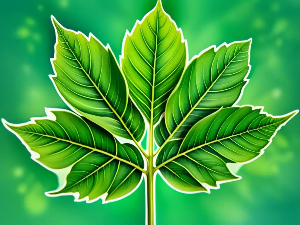 Una ilustración en acuarela detallada de una planta verde vibrante con patrones de nanoescala