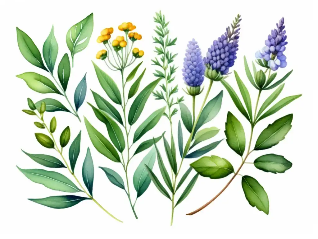 Una acuarela detallada de plantas aromáticas y flores, como lavanda, eucalipto, menta y manzanilla, en una composición orgánica hermosa