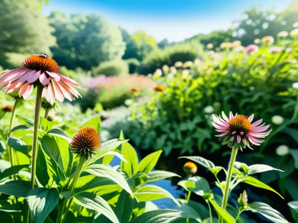 Acuarela detallada de jardín botánico con plantas medicinales vibrantes, reflejando la belleza y trazabilidad en cultivo de plantas medicinales