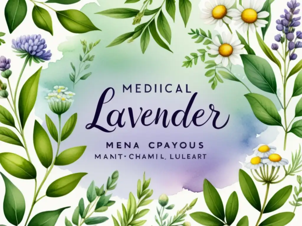 Acuarela detallada de plantas medicinales como lavanda, eucalipto, menta y manzanilla en jardín exuberante