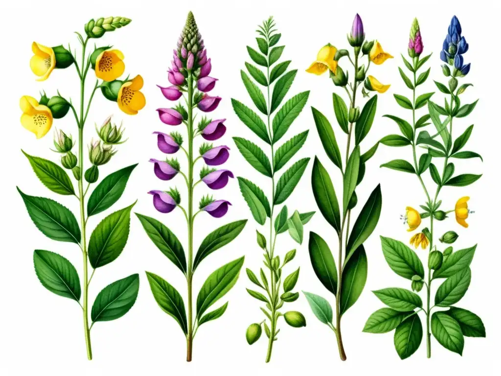 Acuarela detallada de plantas medicinales tóxicas, como digitalis, belladona y aconito, con colores vibrantes