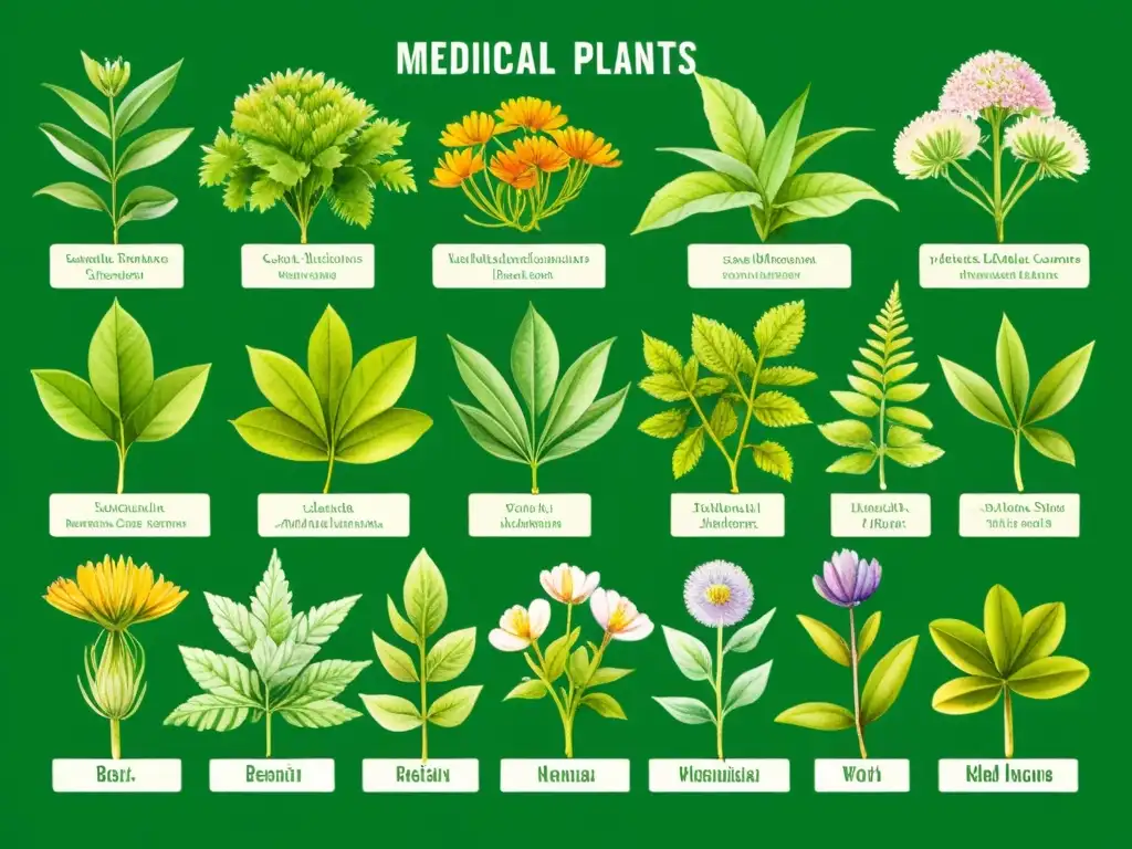 Acuarela detallada de plantas medicinales en su hábitat natural, resaltando riesgos toxicológicos y beneficios potenciales