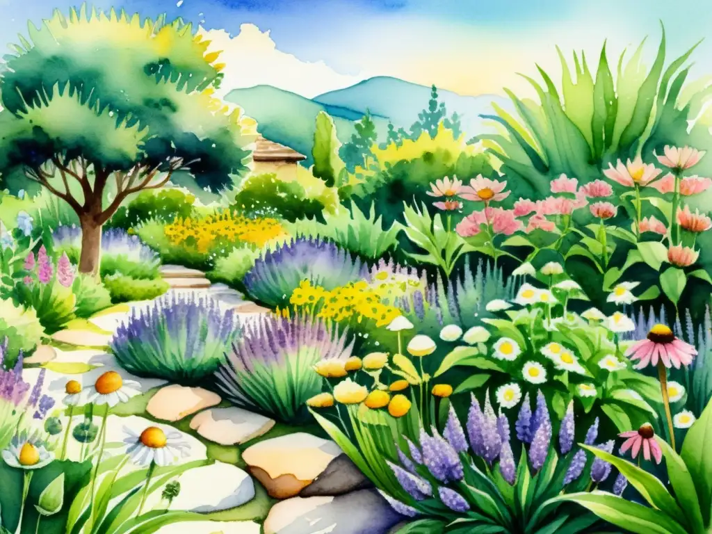 Acuarela detallada de jardín de plantas medicinales resistente sequías, bañado en cálido sol, con lavanda, equinácea, manzanilla y sábila