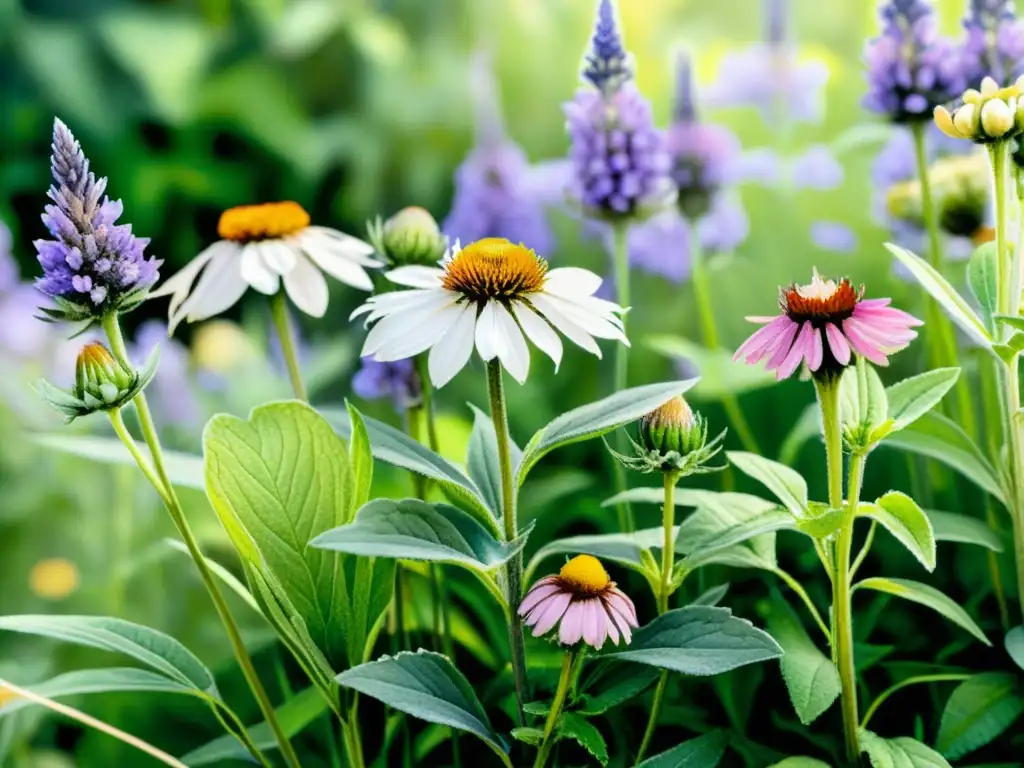 Una acuarela detallada de plantas medicinales en un jardín exuberante evoca protección plantas medicinales heladas