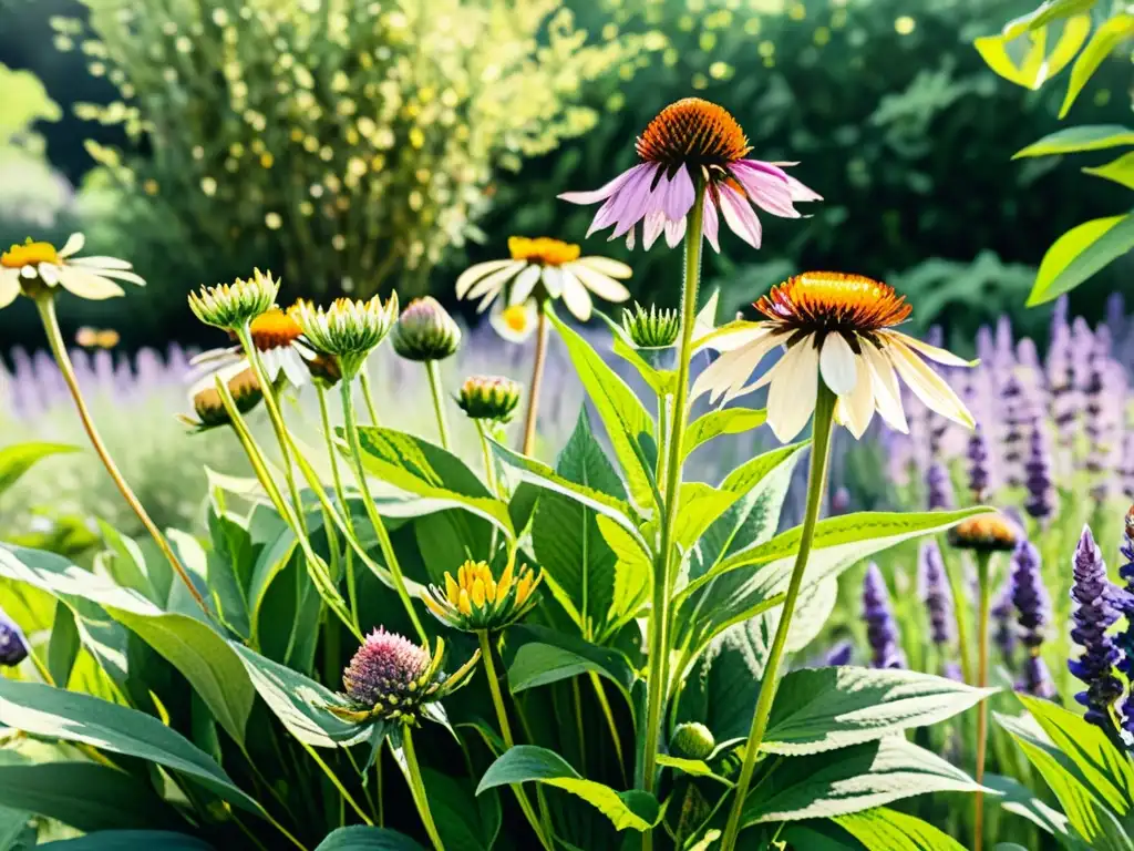 Acuarela detallada de jardín botánico con plantas medicinales