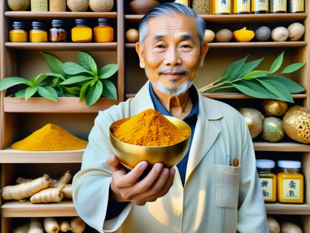 Acuarela detallada de practicante de medicina china sosteniendo raíz de cúrcuma, rodeado de hierbas, evocando la tradición china y sus propiedades antioxidantes naturales