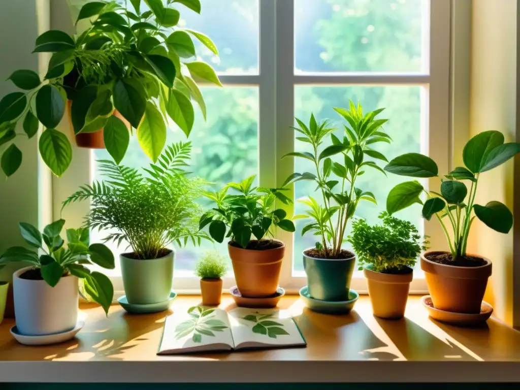 Acuarela detallada de un sereno espacio de oficina con plantas medicinales en ventanas y escritorios