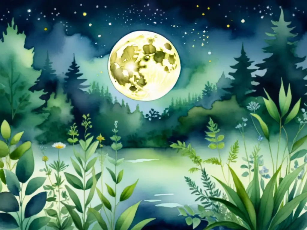 Jardín de hierbas en luna llena: acuarela detallada 8k Acuarela detallada en 8k de un jardín herbal sereno iluminado por la luna