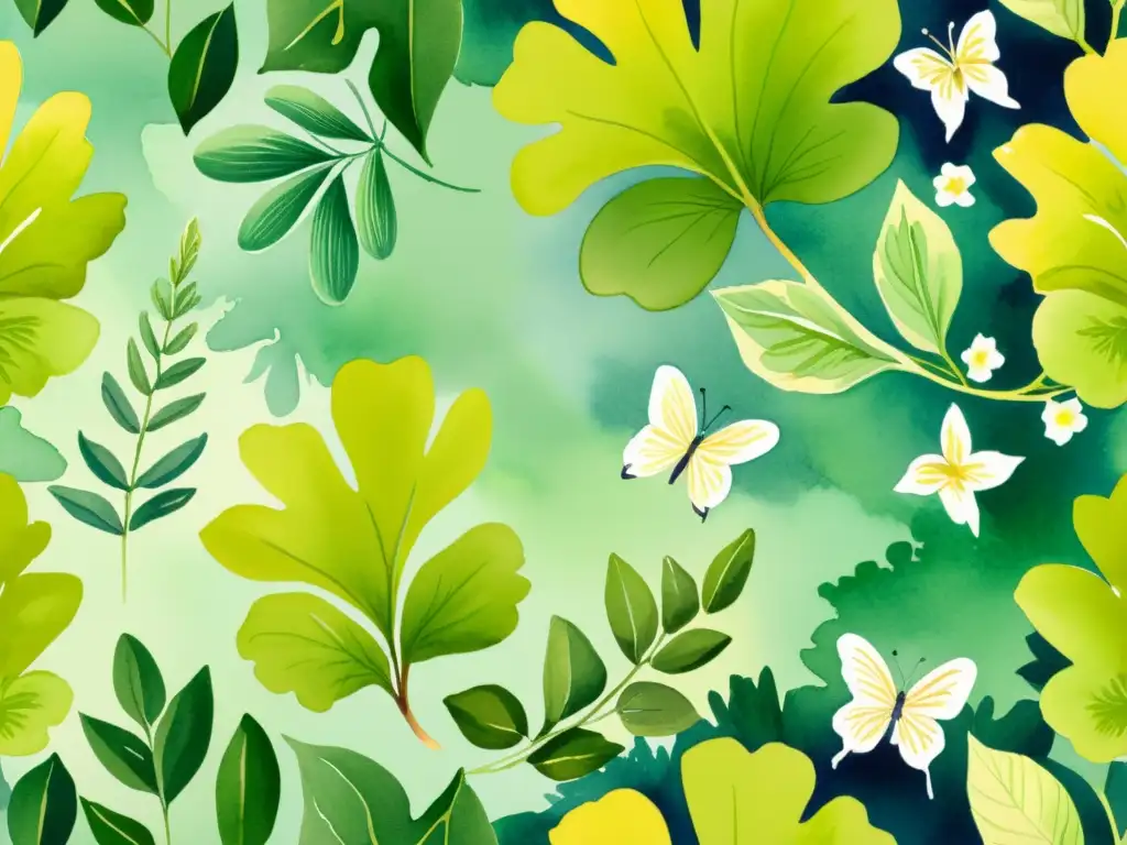 Acuarela detallada de un jardín botánico sereno con plantas medicinales para mejorar concentración