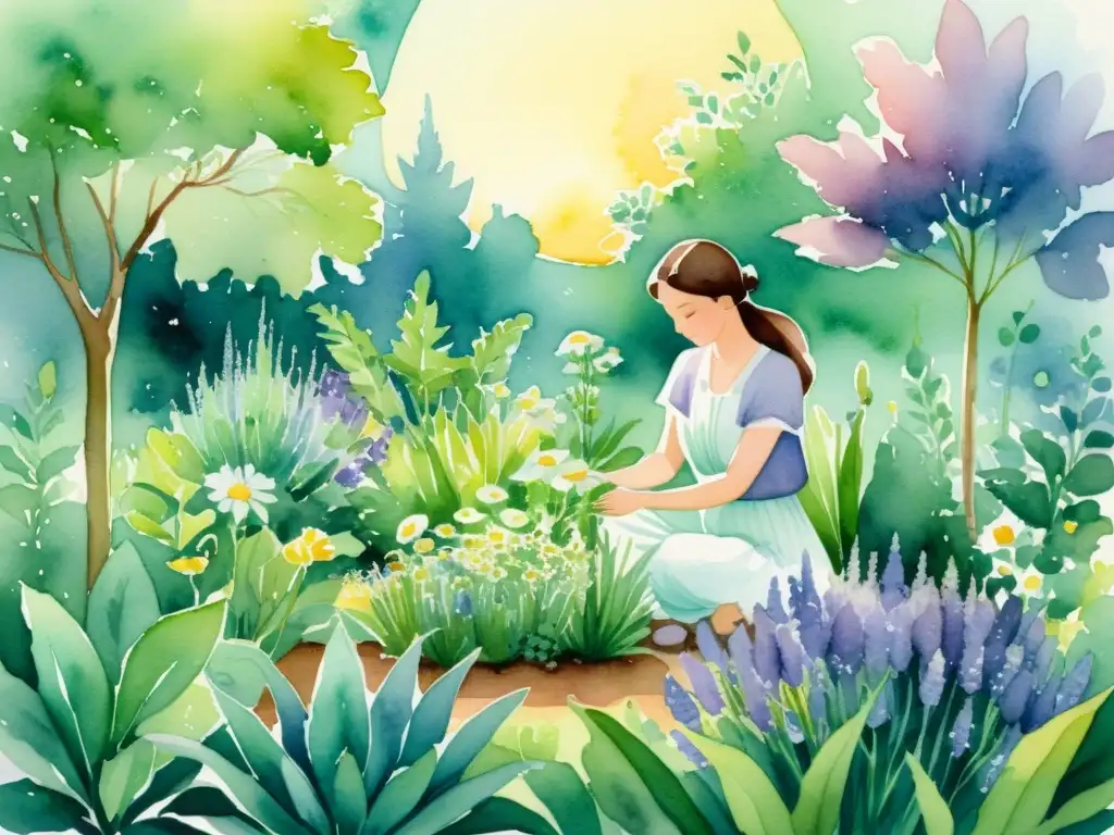 Una ilustración en acuarela detallada de un sereno jardín con plantas medicinales en vibrante floración, rodeado de una atmósfera de tranquilidad y energía curativa, ideal para aplicaciones terapéuticas de plantas medicinales