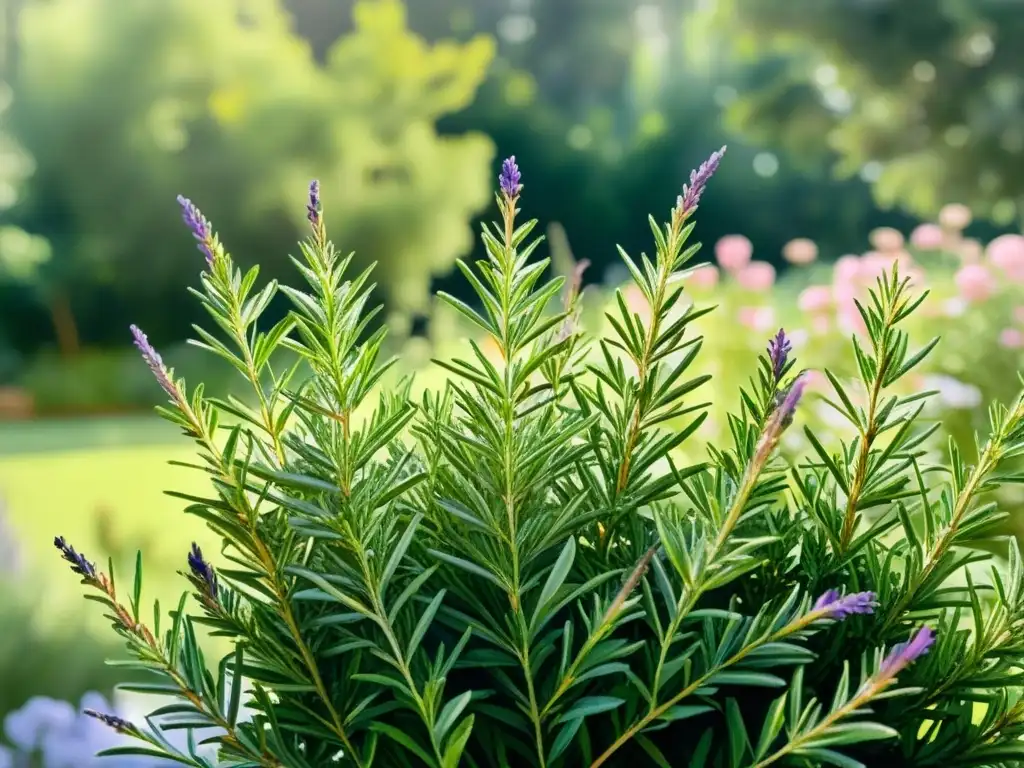 Una acuarela detallada de un jardín sereno con romero vibrante bajo la luz cálida, evocando la belleza natural y beneficios del romero para cognición