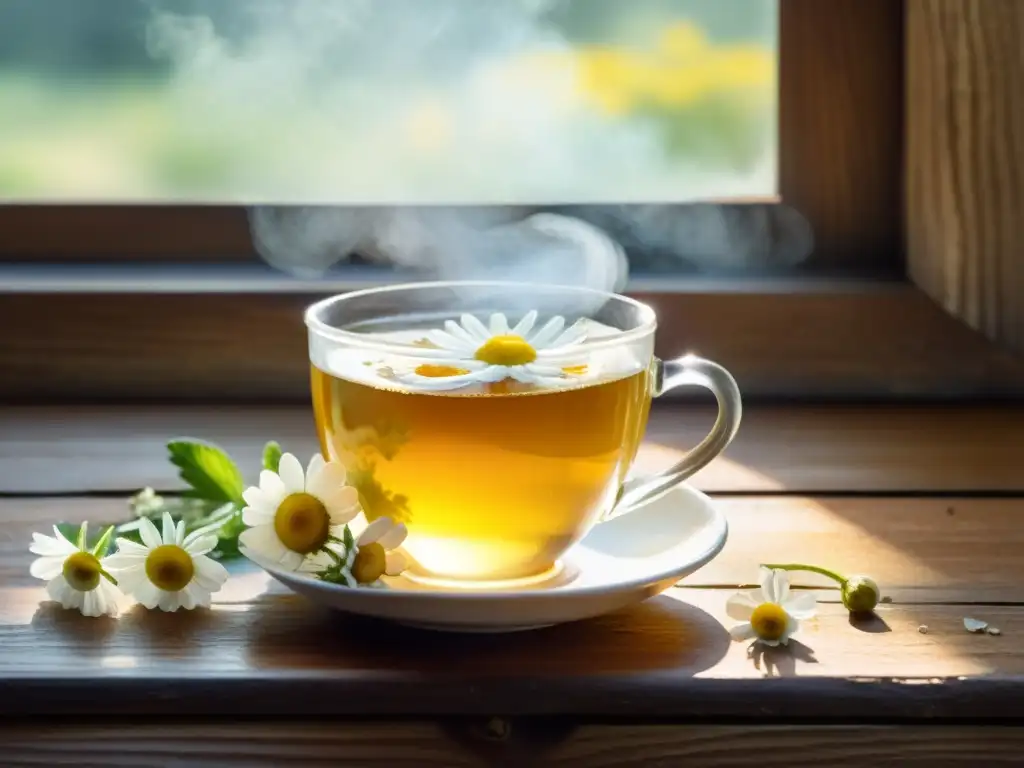 Una acuarela detallada de una taza de manzanilla con flores flotando