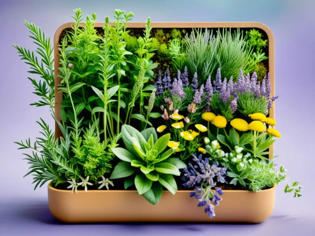 Acuarela detallada de un jardín vertical con plantas medicinales como lavanda, manzanilla y menta