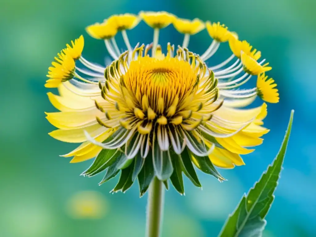 Acuarela detallada de un vibrante diente de león amarillo en un fondo verde y azul, evocando tranquilidad y belleza natural