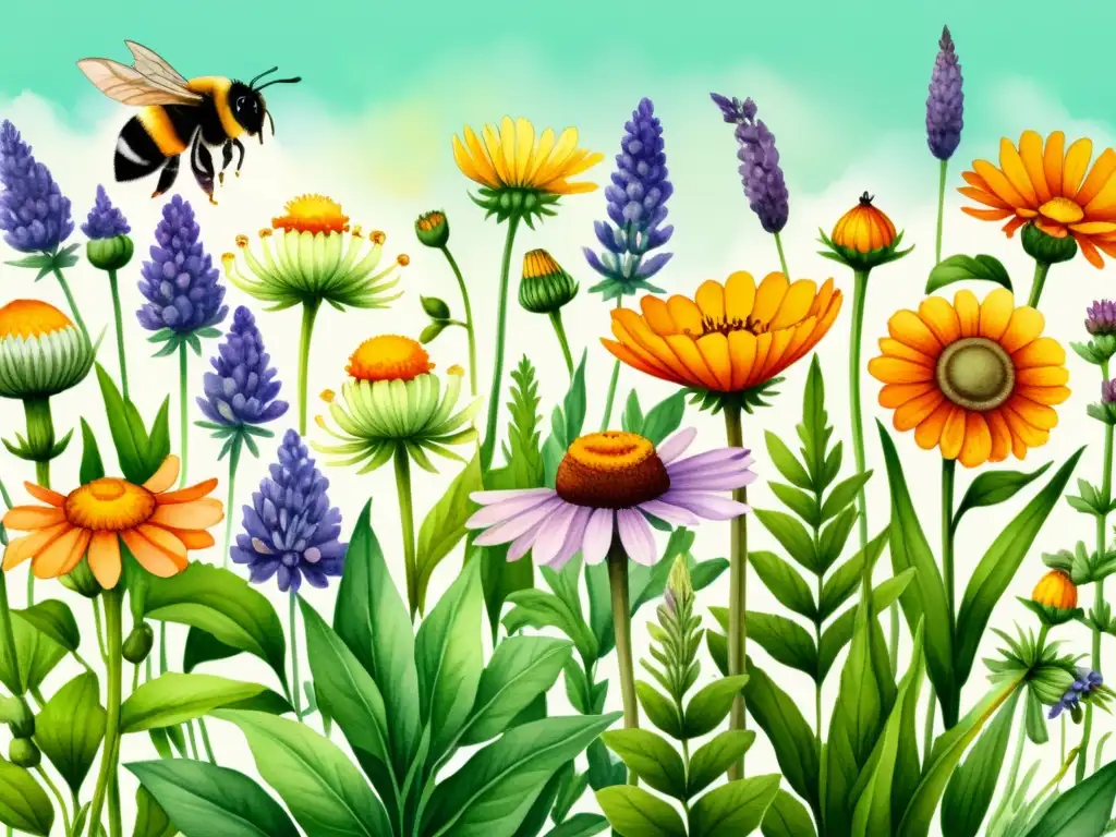 Jardín medicinal vibrante y detallado: ilustración acuarela Acuarela detallada de un jardín vibrante con flores medicinales como lavanda, manzanilla, equinácea y caléndula