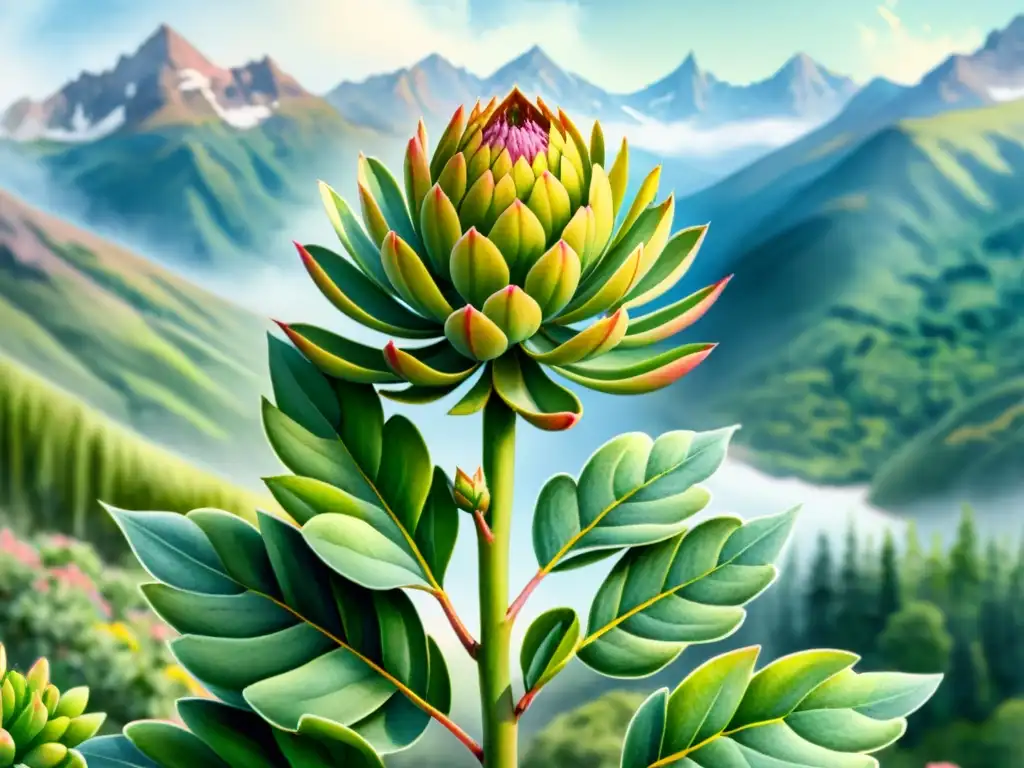 Una ilustración en acuarela detallada de una vibrante planta de rhodiola en un paisaje montañoso sereno