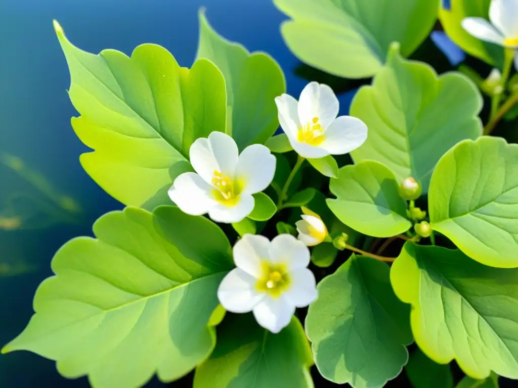 Una acuarela detallada de Bacopa Monnieri en un jardín acuático