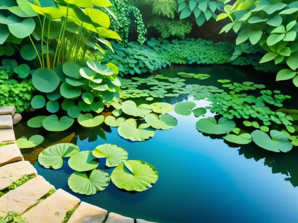 Una acuarela exquisita de un jardín ayurvédico tranquilo, con exuberante vegetación y vibrantes plantas de gotu kola