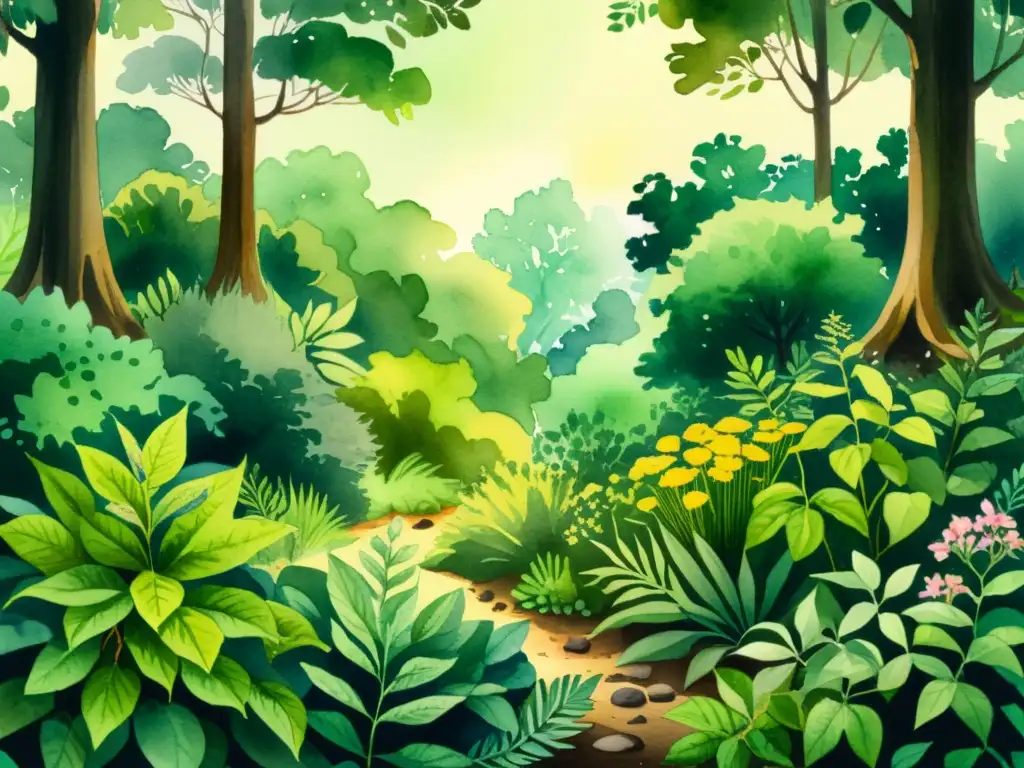 Una ilustración en acuarela de un exuberante bosque lleno de plantas medicinales, con detalles vibrantes y un ambiente de tranquilidad