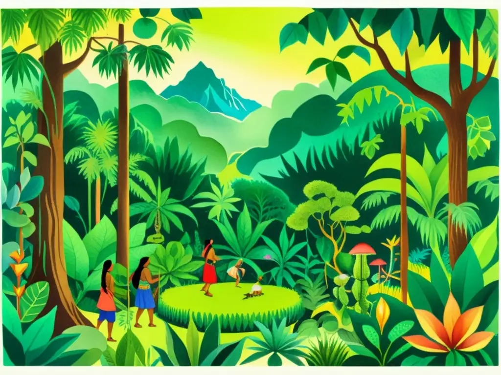 Una ilustración en acuarela de una exuberante escena de selva tropical, con plantas vibrantes y personas indígenas realizando rituales tradicionales