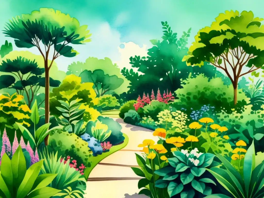 Una ilustración de acuarela de un exuberante jardín botánico con plantas medicinales vibrantes y exóticas