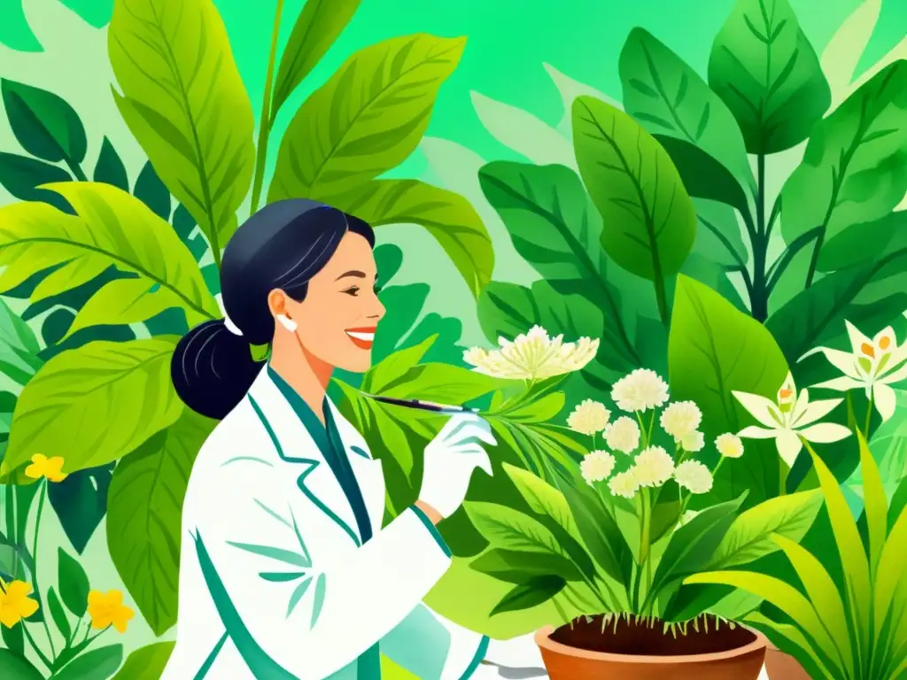 Una ilustración en acuarela muestra un exuberante jardín botánico con plantas medicinales para cuidado dental, donde un dentista cuida las plantas