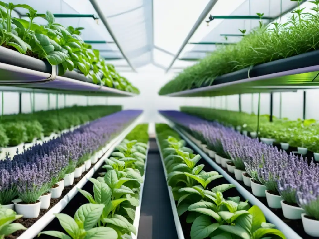 Acuarela de un exuberante jardín hidropónico con plantas medicinales como lavanda, manzanilla y menta