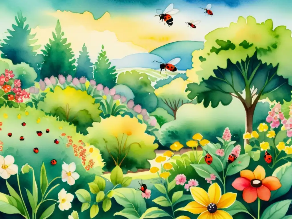 Una ilustración en acuarela exuberante y vibrante de un escenario de jardín diverso, con una variedad de flores coloridas, verduras y árboles frutales