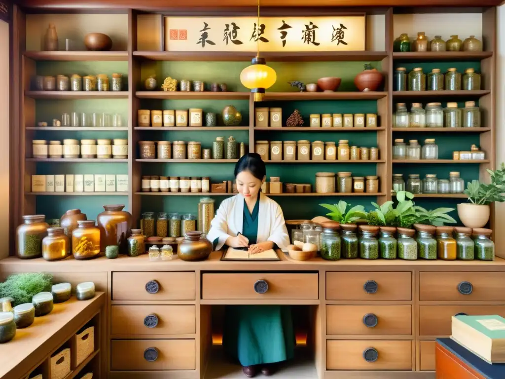 Una ilustración en acuarela de una farmacia de medicina tradicional china, donde un herborista crea nanodispositivos entre el cálido resplandor de las linternas y el aroma tranquilizador de ingredientes medicinales