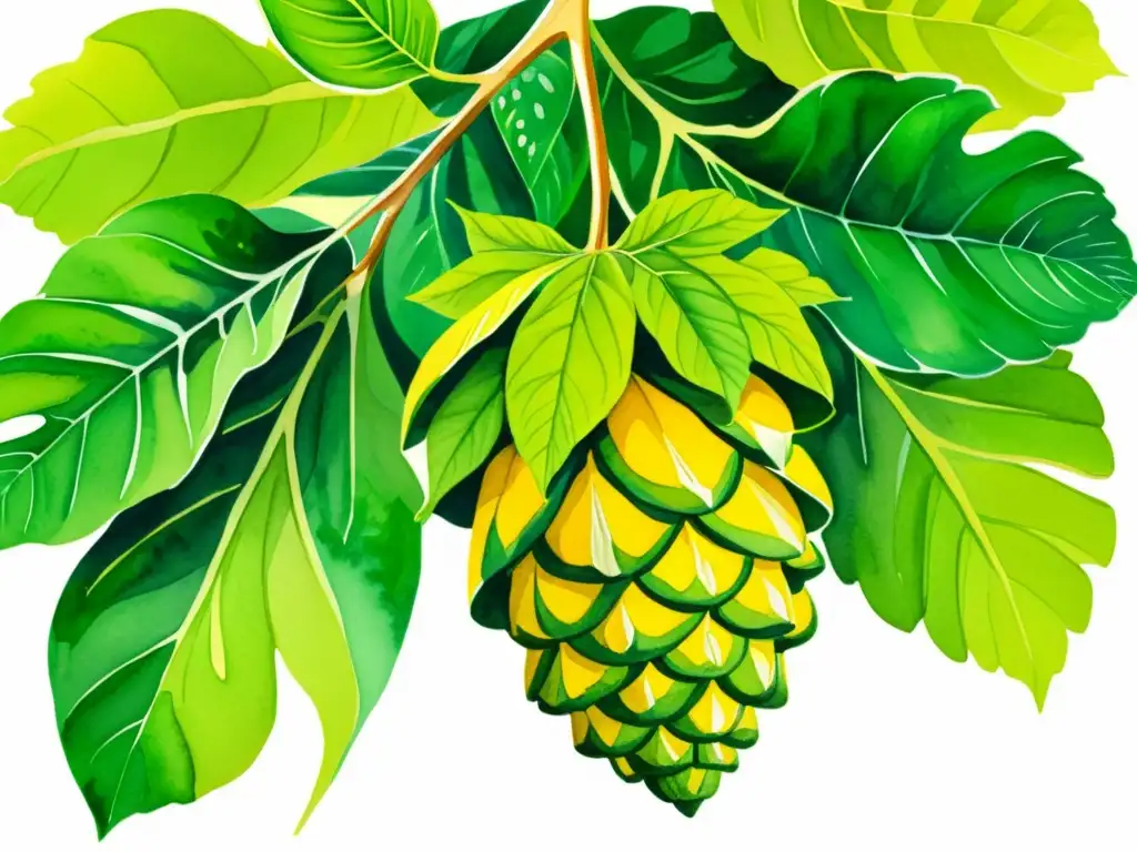 Acuarela de fruta noni vibrante rodeada de hojas verdes exudando belleza natural