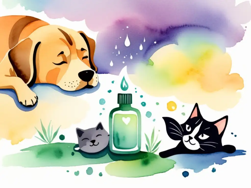Armonía animal: gato y perro junto a esencias relajantes Una ilustración en acuarela de un gato y un perro tranquilos junto a gotas de aceites esenciales, generando una atmósfera de calma y bienestar