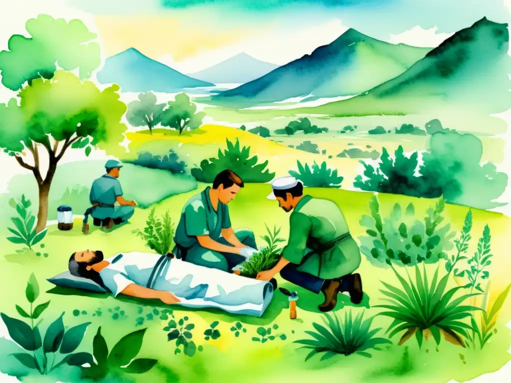 Ilustración en acuarela de un hospital de campaña en un paisaje de guerra, con soldados y civiles utilizando plantas medicinales para tratar heridos