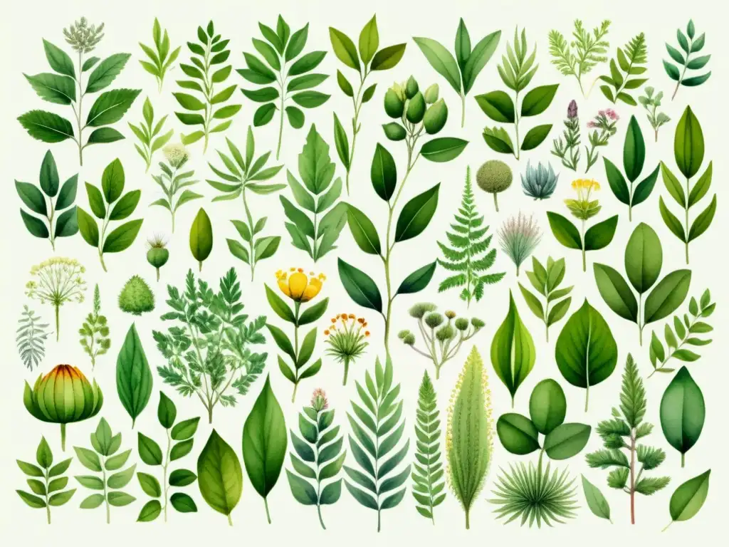 Una ilustración en acuarela impresionante de una diversa variedad de plantas medicinales adaptadas a su zona geográfica, detalladas con colores vibrantes y pinceladas delicadas