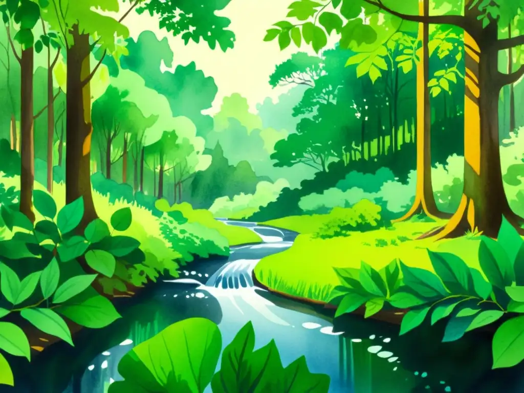 Una ilustración en acuarela impresionante de un exuberante bosque, con nanopartículas vegetales para enfermedades crónicas