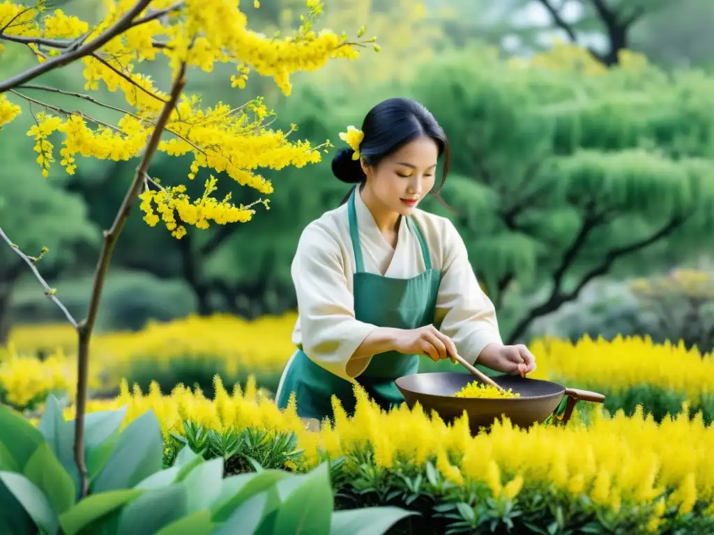 Un ilustración de acuarela impresionante que muestra a un practicante de medicina china cosechando flores de forsitia en un jardín sereno y exuberante