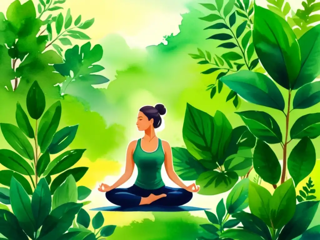 Una ilustración en acuarela de una persona practicando yoga entre exuberantes plantas verdes, con la luz solar filtrándose a través de las hojas y creando una atmósfera natural y pacífica