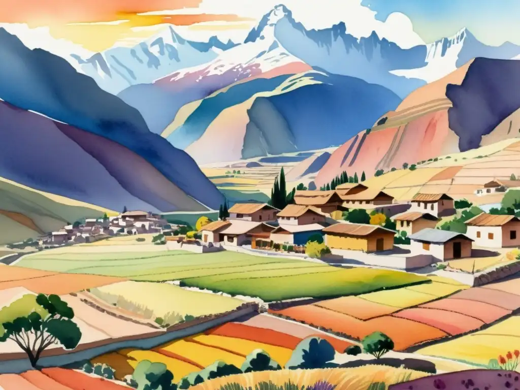 Una ilustración en acuarela de un pintoresco pueblo Aymara en los Andes, con campos de uncía vibrantes