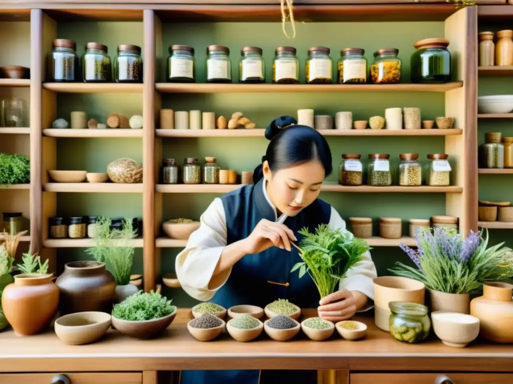 Un ilustración en acuarela de un practicante de medicina china seleccionando y preparando hierbas y flores, incluyendo flores vibrantes de caléndula en un apotecario tranquilo y soleado