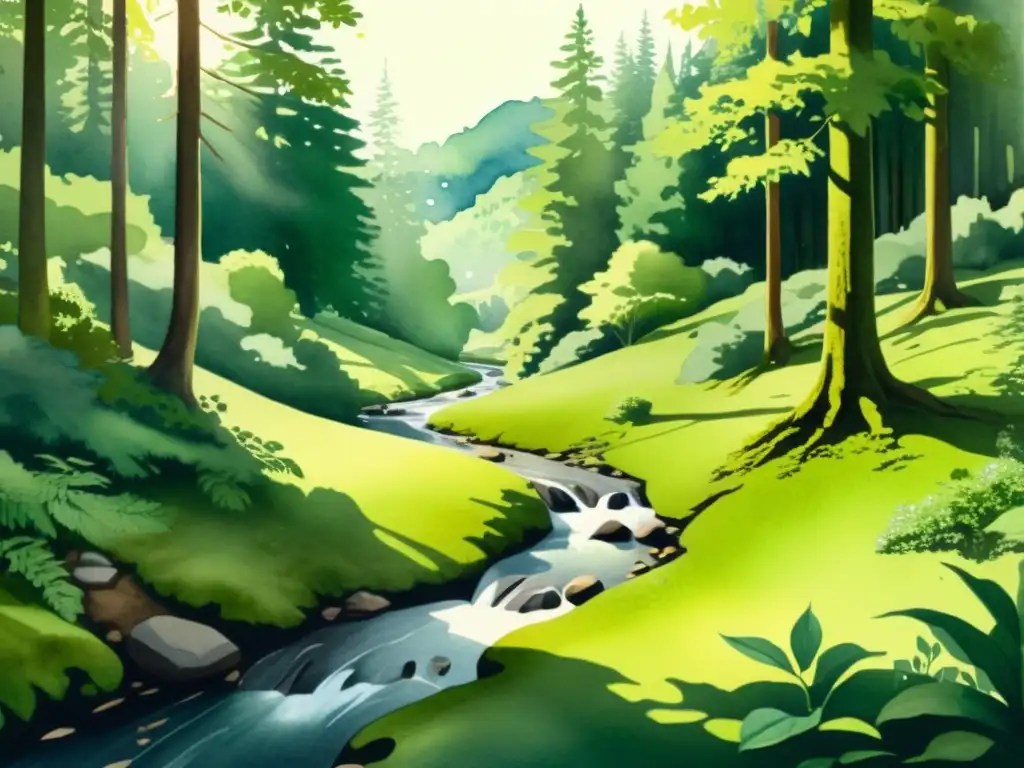 Acuarela serena de un bosque verde exuberante con arroyo tranquilo