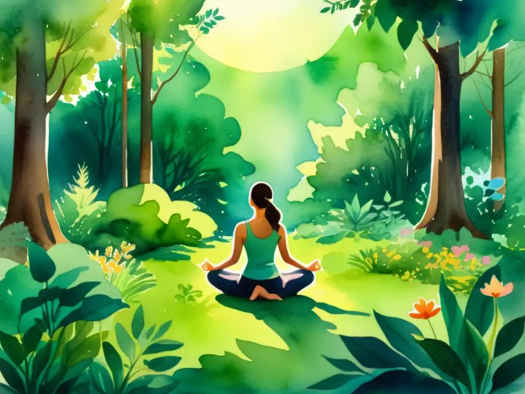 Una ilustración en acuarela serena de un claro de bosque exuberante con sinergia de meditación y plantas medicinales, irradiando calma interior