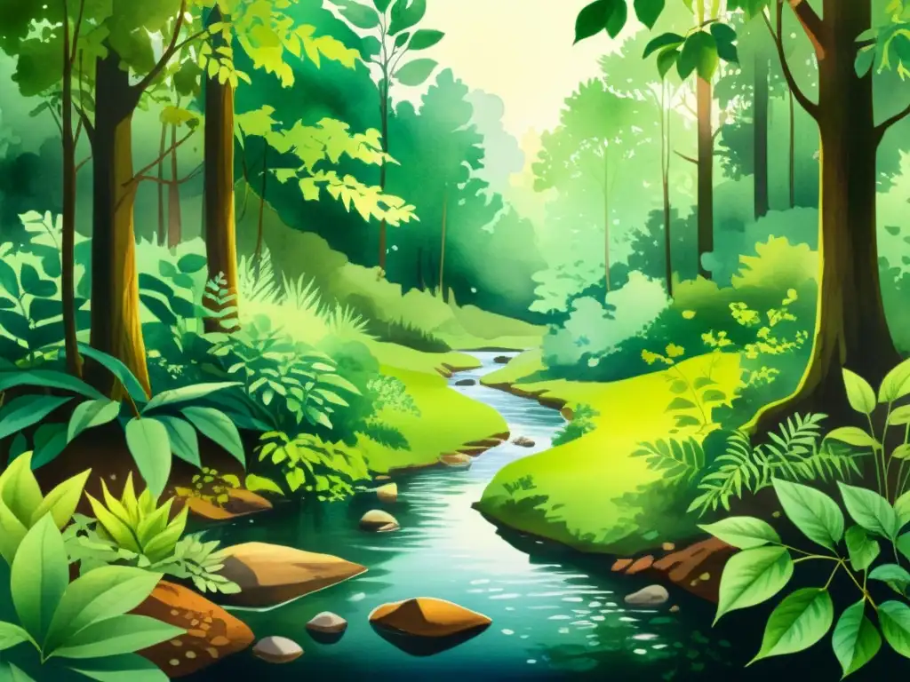 Acuarela serena de un exuberante bosque lleno de plantas medicinales, con detalles intrincados que capturan su esencia terapéutica
