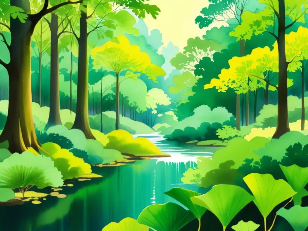 Una ilustración en acuarela serena de un exuberante bosque de Ginkgo Biloba, con hojas vibrantes que brillan en la luz del sol